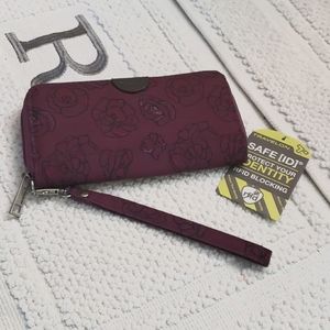 TRAVELON RFID BLOCKING FLORAL BURGUNDY WALLET W/ WRISTLET